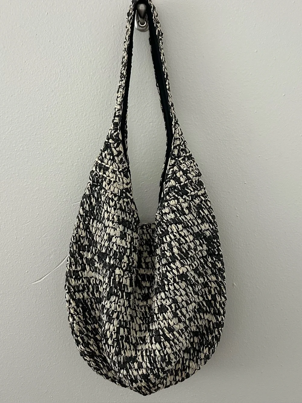 Banana Republic Marled Raffia Tote Bag Straw Hobo Purse Black White Slouchy Boho